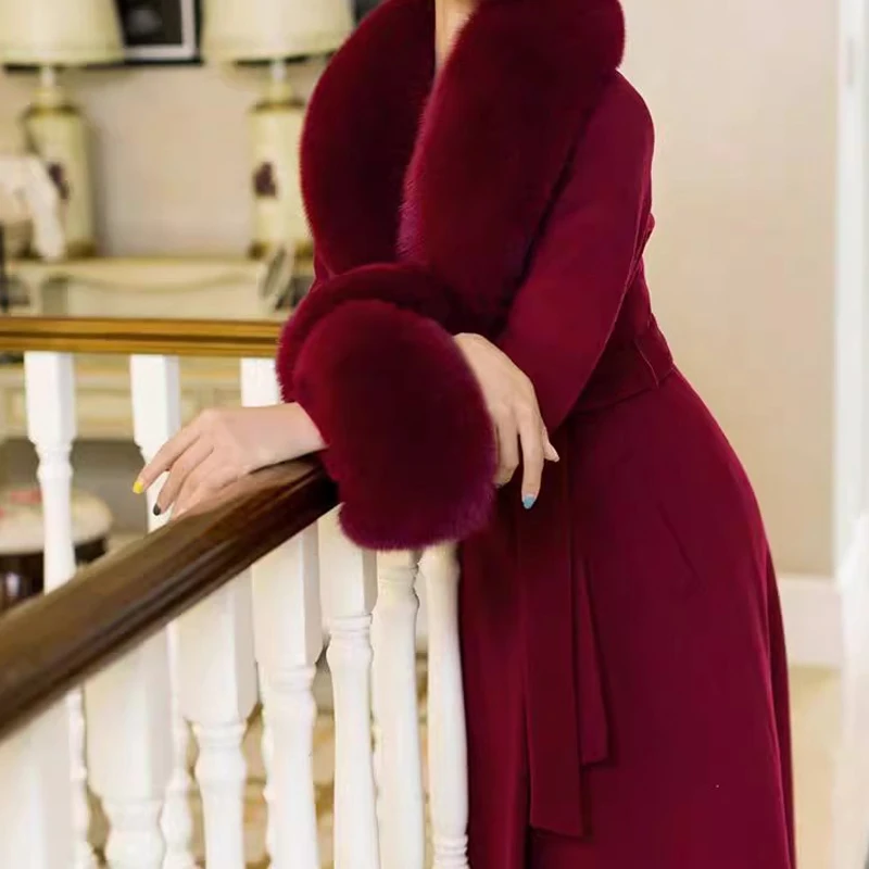 白色澳洲加厚羊毛长款外套修身双面羊皮草毛呢狐狸毛领长款大衣女