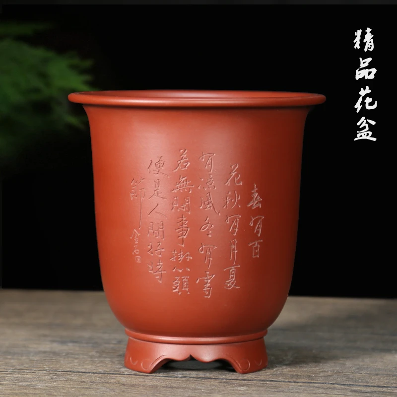 宜兴紫砂花盆兰花盆大红袍金钟刻绘带托盘中国风室内桌面绿植盆栽