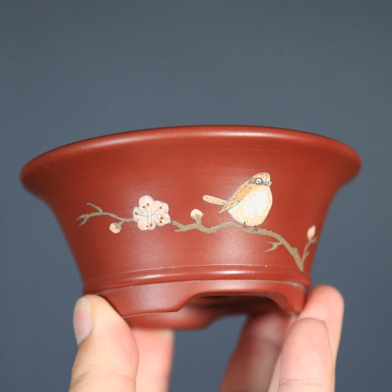 神力紫砂大红袍花盆精品手工束腰小兰花多肉菖蒲掌上植物透气桌面