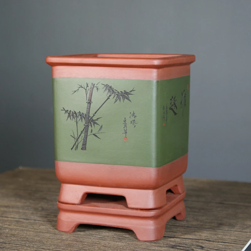 四方紫砂花盆君子兰专用花盆古典花盆室内桌面阳台绿植带托兰花盆