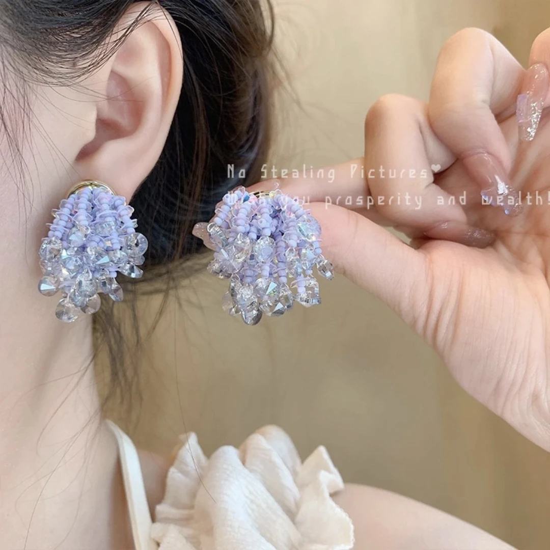 铜合金玻璃耳饰 重工烟花手工串珠耳环时尚精致百搭气质耳钉耳夹