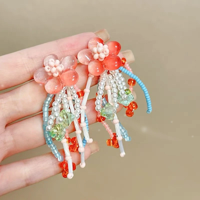 非金属树脂耳饰 时尚甜美中古风花朵串珠耳环彩色清新流苏耳钉女