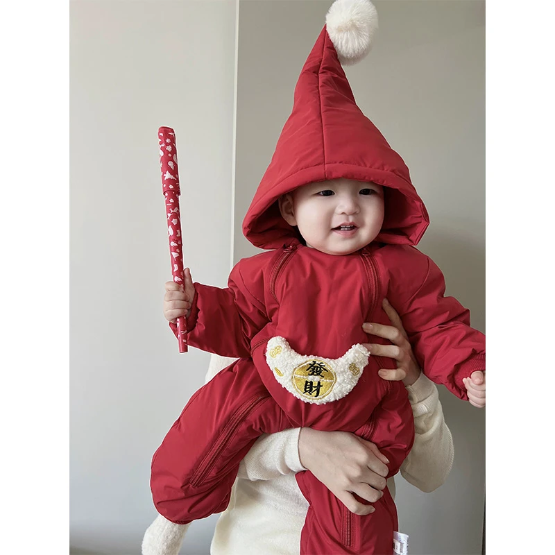 婴儿拜年服冬款男女宝宝年服红色加绒加棉连体衣新年过年百天衣服