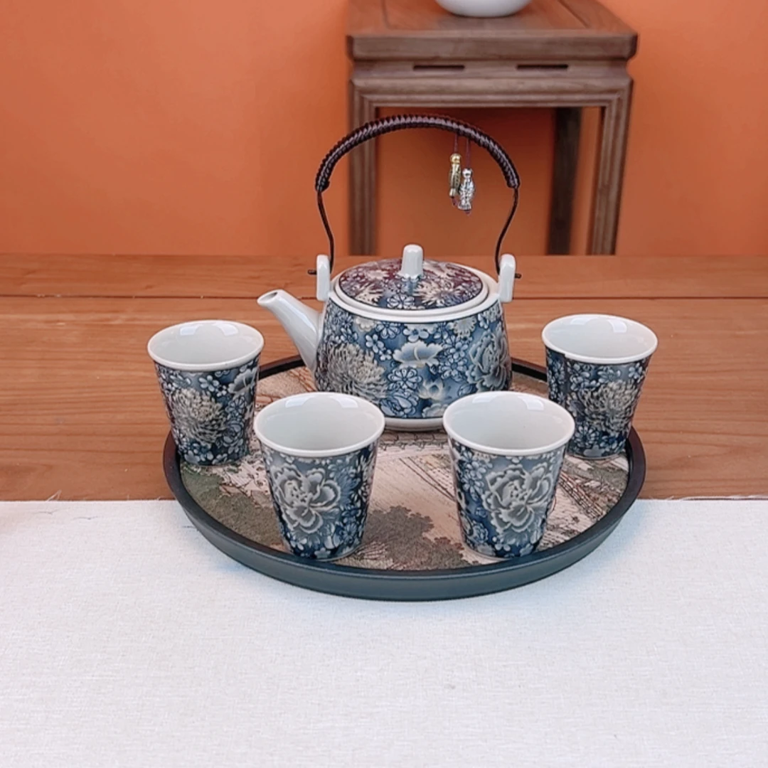 润茗茶具/复古青花掐丝银牡丹提梁壶一壶四杯+清明上河图干泡盘
