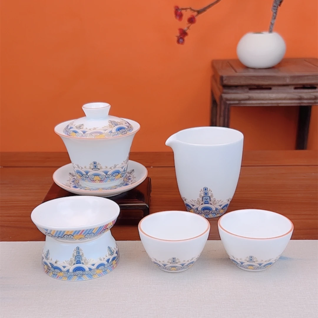 润茗茶具/江涯海水高端三才盖碗+公道杯+茶滤+两茶杯整套茶具家用