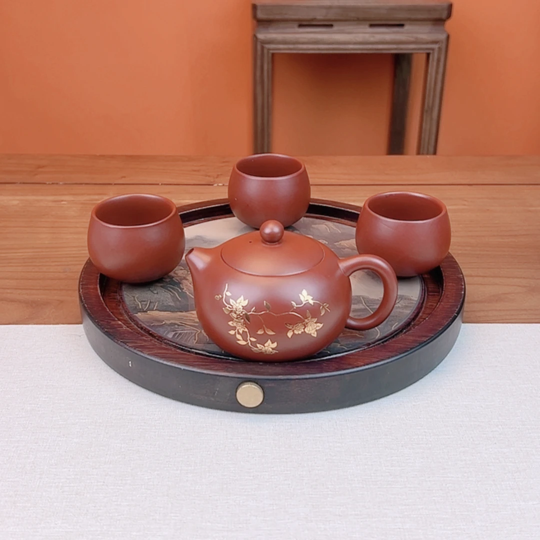 润茗茶具/金梅牡丹凤鸣西施描金紫砂茶手工泡茶壶（江山茶盘+3杯）