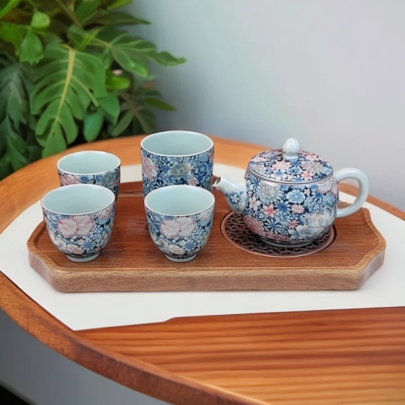 润茗茶具/京隆堂天青汝窑青花花开富贵掐丝壶+3客杯1主人杯1茶盘