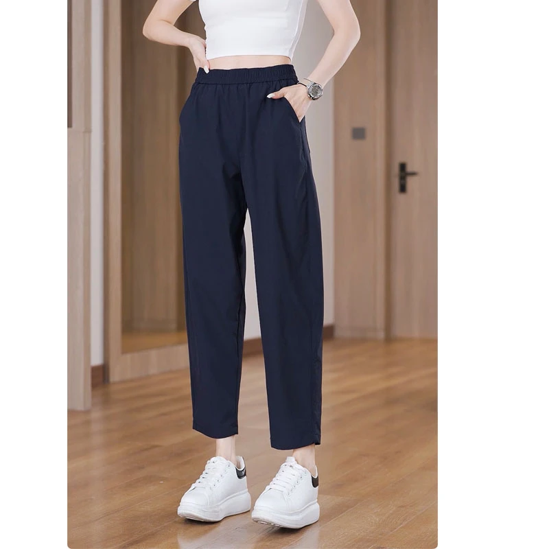 清凉冰丝速干休闲裤女士2025夏薄款韩版百搭显瘦黑色冰丝裤女款