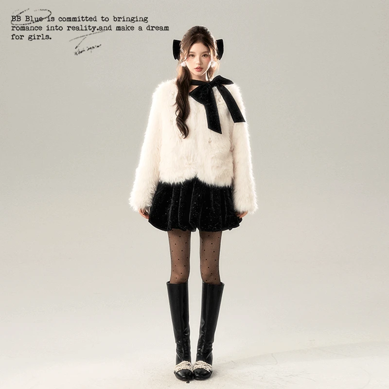 BB BLUE 原创设计 珍珠白亮丝草草毛毛外套