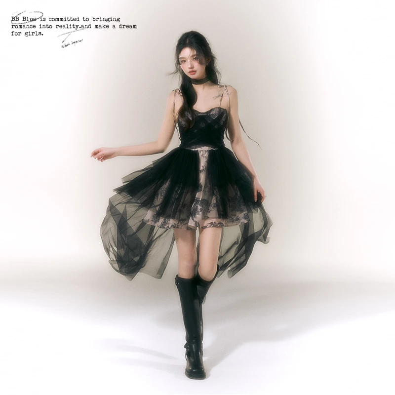 BB BLUE原创设计 法式纱网蓬蓬吊带连衣裙女夏仙气小众高级感裙子