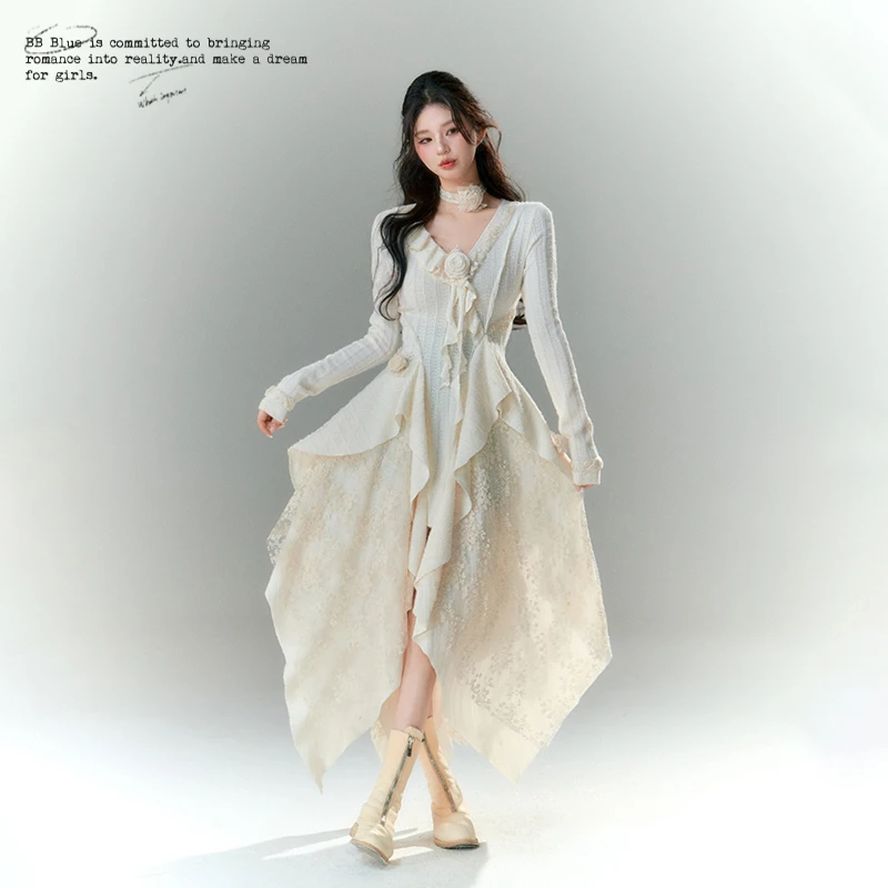 BB BLUE 【苍兰蔷薇】原创设计 法式千金感毛衣连衣裙秋冬季