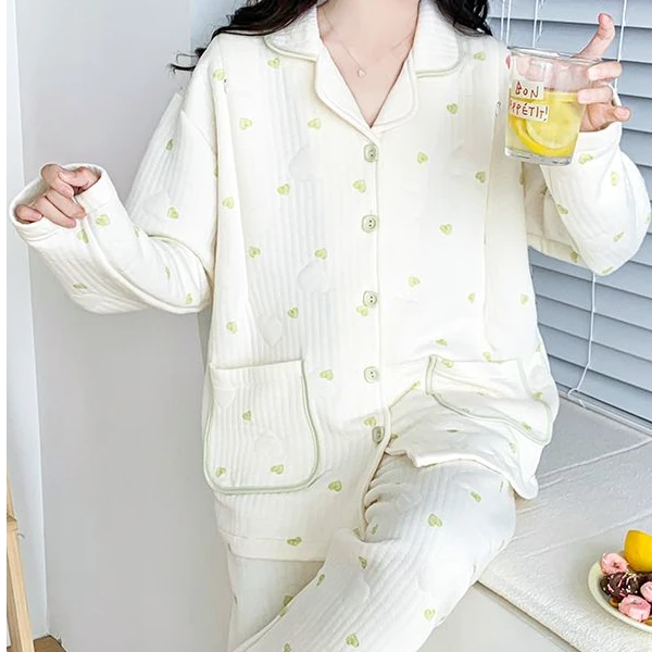 爱心新款冬季提花空气夹层棉孕妇睡衣女产妇哺乳喂奶月子服套装