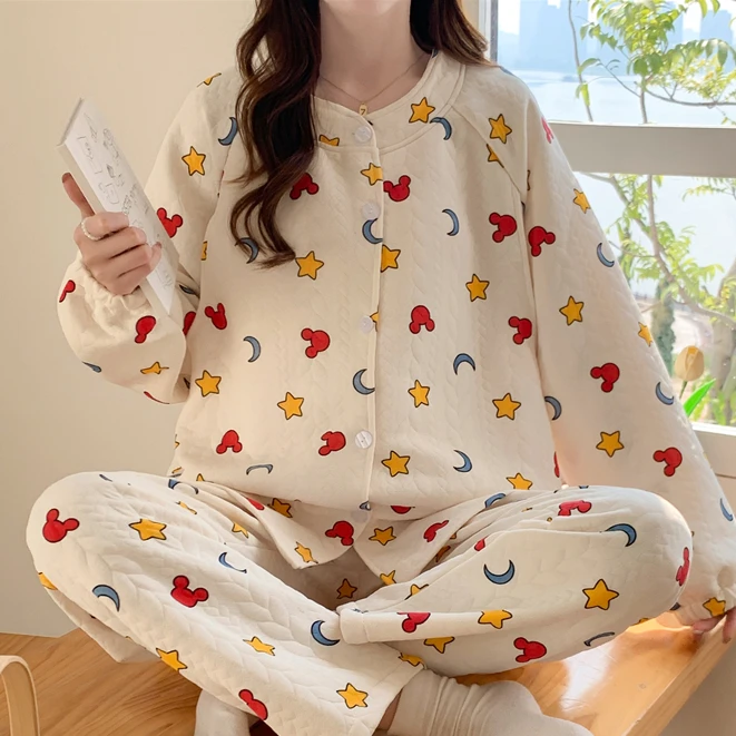 【带胸垫】小熊饼干秋冬空气棉产后家居服大码宽松孕妇哺乳月子服