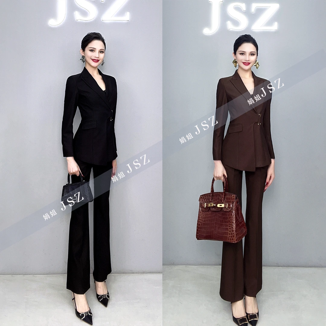 秋冬长袖修身加厚职业时尚显瘦高定气质职业西装喇叭裤套装068