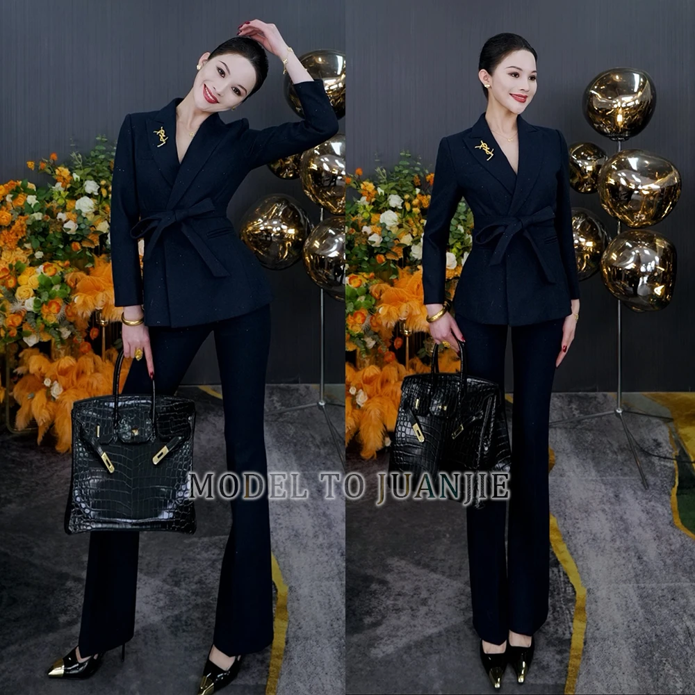 藏青色高定显瘦气质修身绵羊毛西装喇叭裤套装女士正装套装1009-1