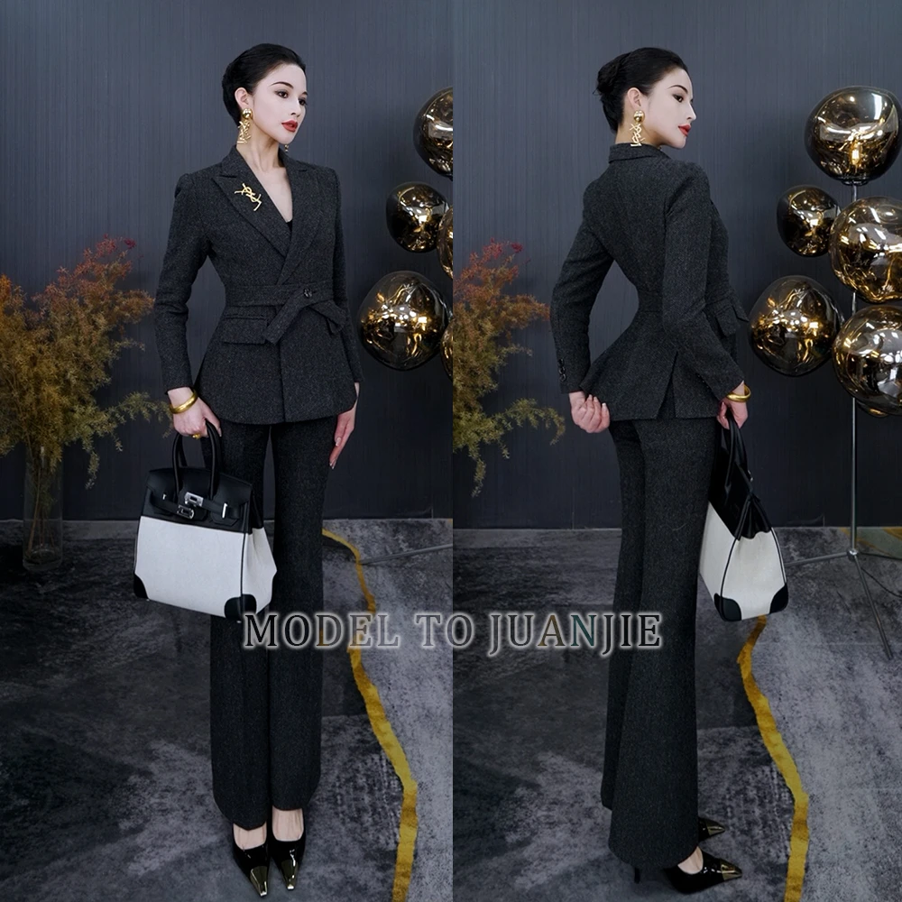 冬季高定显瘦气质修身名媛职业绵羊毛枪驳领西装喇叭裤套装1002-1