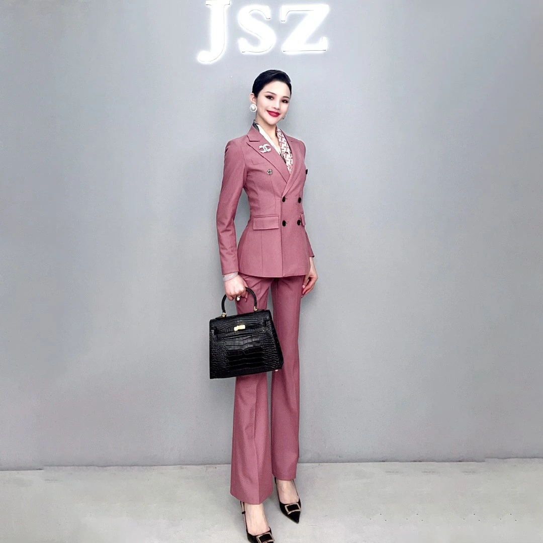 JSZ娟姐同款高定粉时尚色双开叉商务修身职业西装喇叭裤套装132