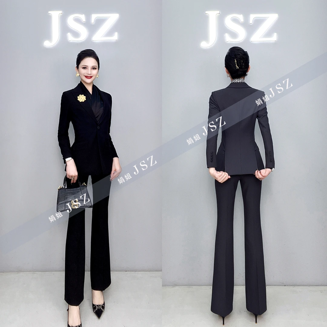 JSZ长袖修身职业时尚秋季显瘦高定气质职业西装喇叭裤套装066