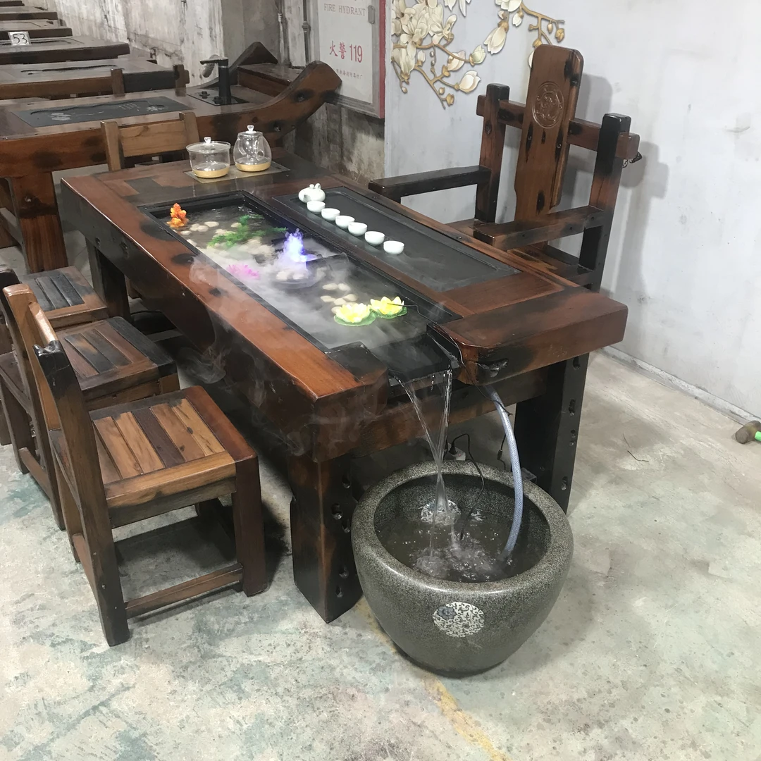 老船木流水茶桌椅组合办公室景观养鱼循环中式实木茶几禅意泡茶台