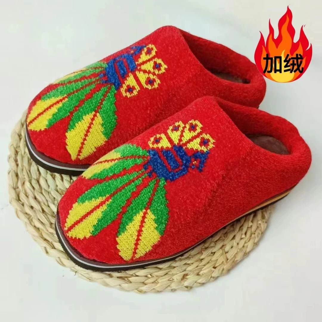 新款孔雀开屏冬季纯手工棉拖鞋升级绒加厚保暖防滑家居拖鞋成品