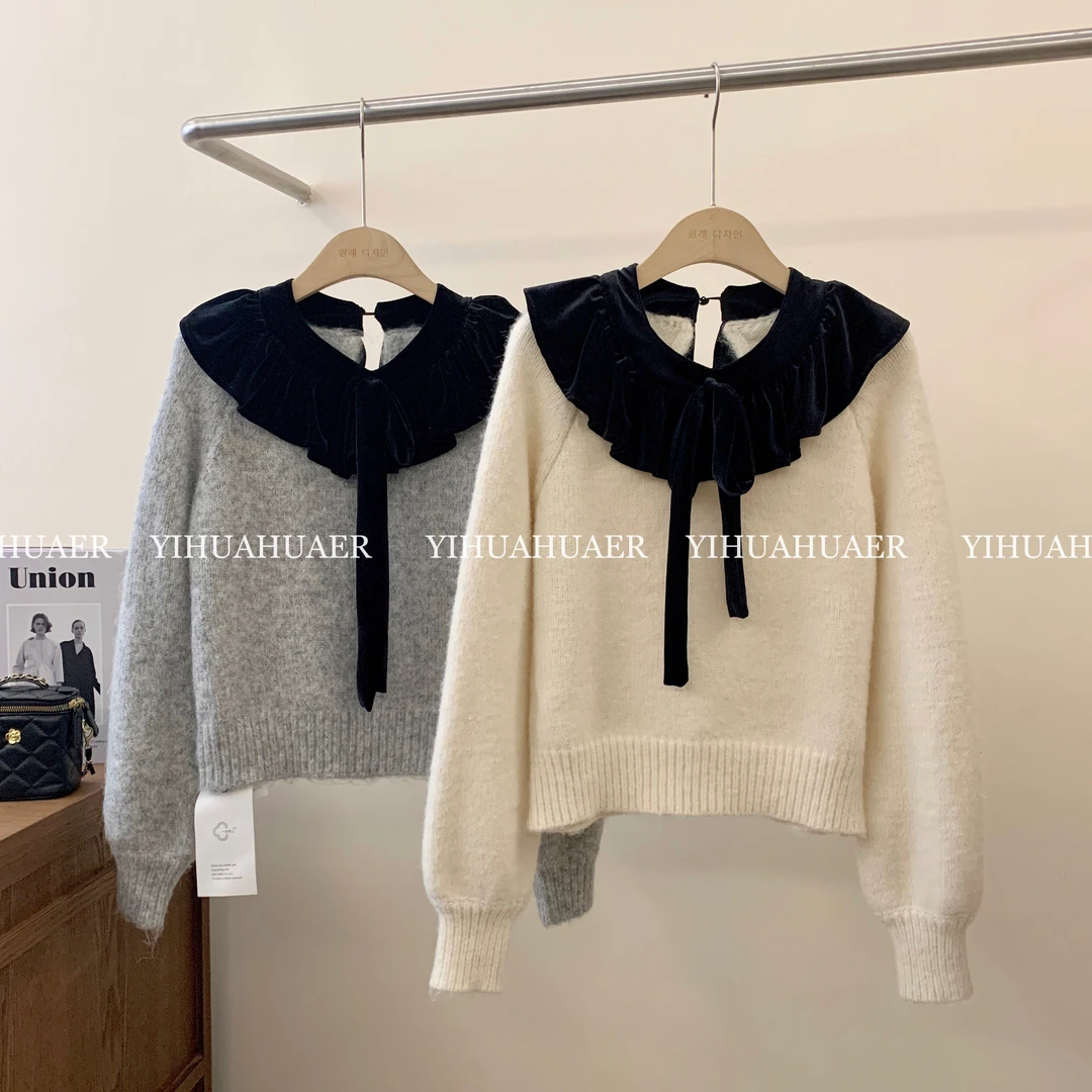 BHH-9924 东大门韩版优雅气质丝绒荷叶领蝴蝶结减龄设计感毛衣