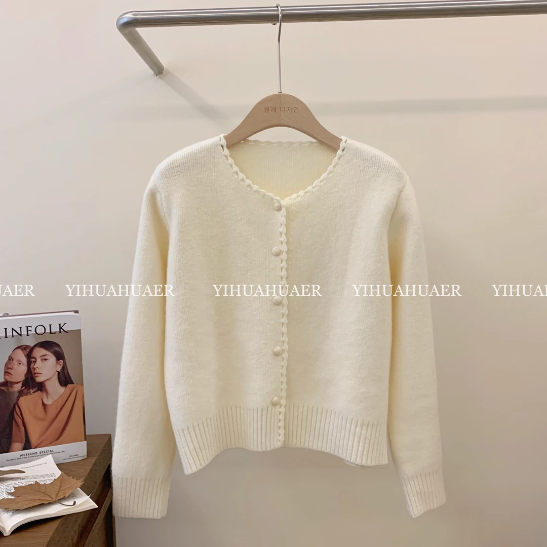 BHH-9866 东大门韩系甜美气质慵懒温柔设计感镂空花边领毛衣开衫