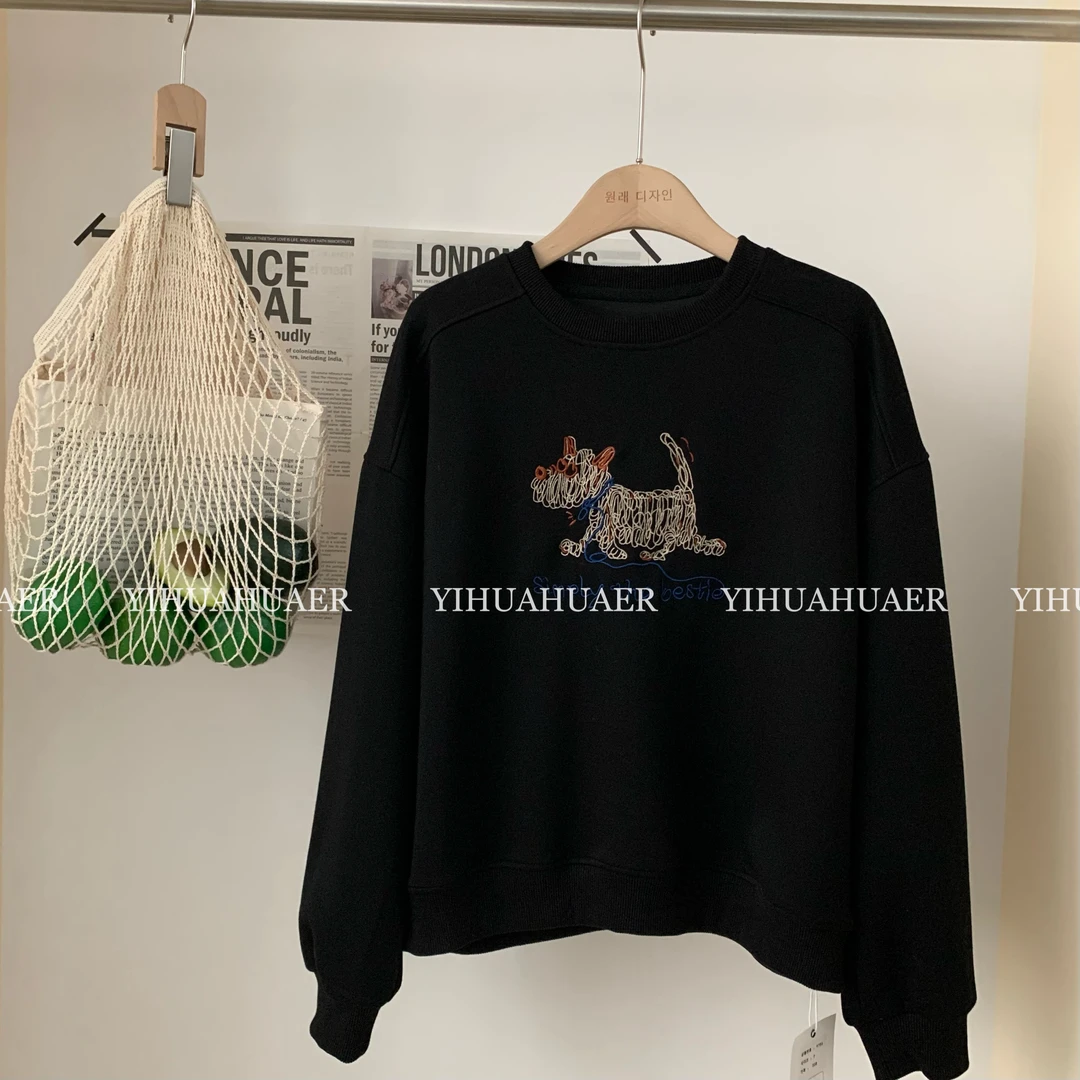 BHH-9756【线条狗】东大门韩系时尚百搭显瘦线条小狗刺绣休闲卫衣