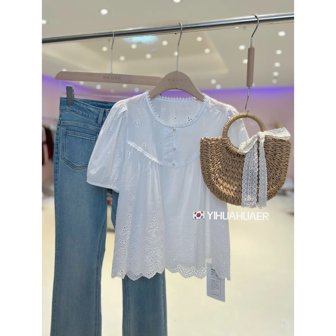 CSF-8489【花花私服❌退❌换】东大门镂空钩花百搭衬衫衬衣