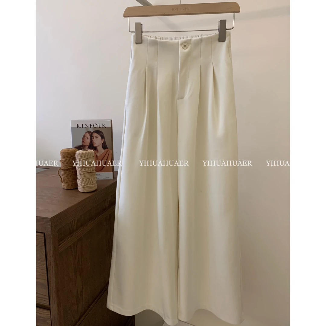 BHH-9677【毛绒白裤】韩国原单东大门韩版高腰显瘦慵懒毛呢阔腿裤