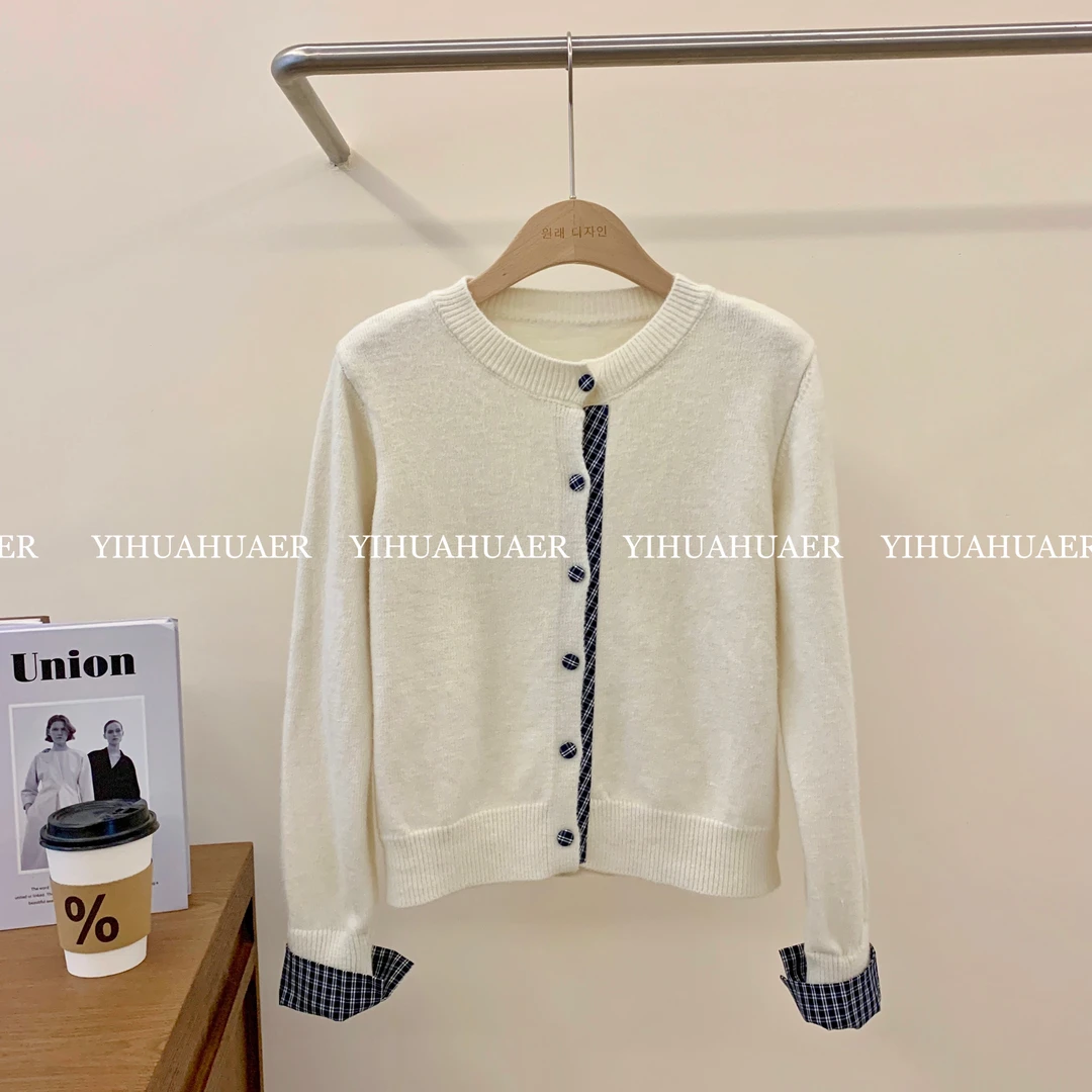 BHH-9858 东大门韩版时尚简约拼接格纹设计感百搭减龄针织毛衣衫