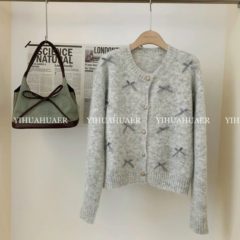 BHH-9884【冰川蝶舞】东大门韩版慵懒温柔软糯减龄蝴蝶结毛衣