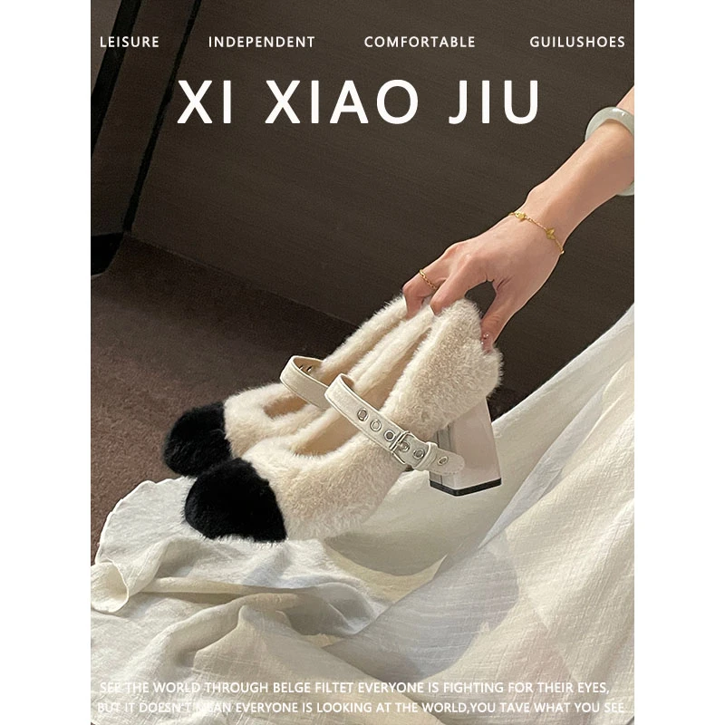 羊皮版！高跟大码毛毛鞋女外穿2025秋冬新款一字带加绒玛丽珍单鞋