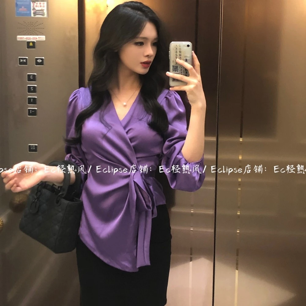 Ec轻熟风绸缎紫高级绑带V领长袖衬衫女收腰小众设计法式优雅夏季