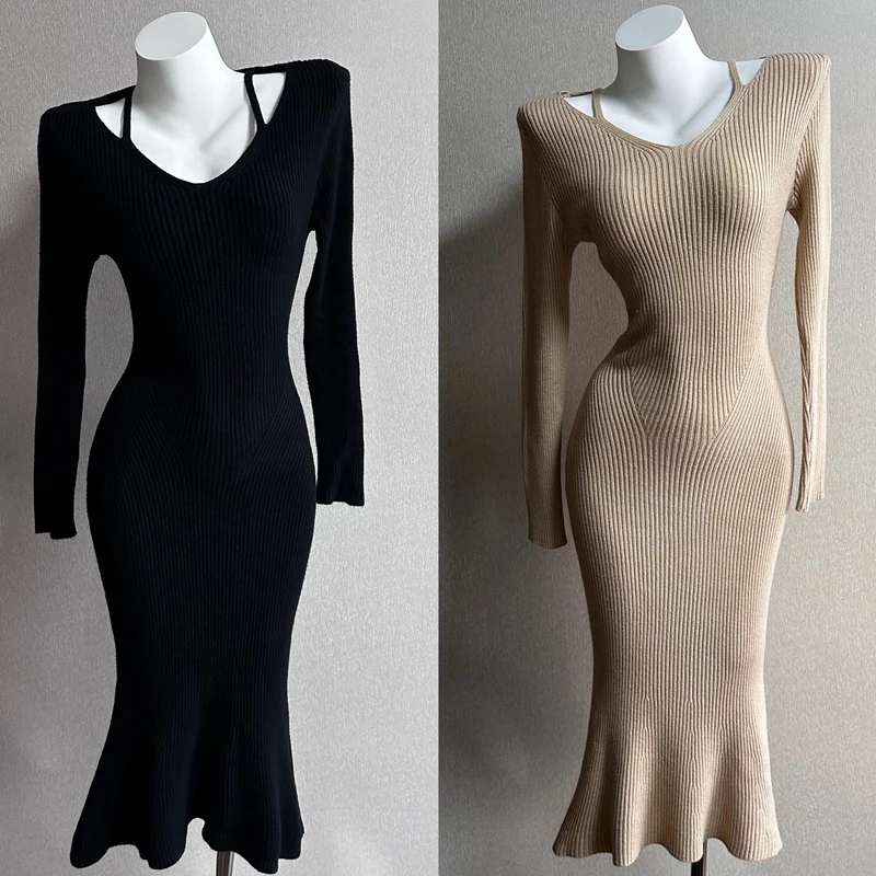 Ec轻熟风v领鱼尾针织裙  修身显瘦打底包臀连衣裙长裙秋冬内搭