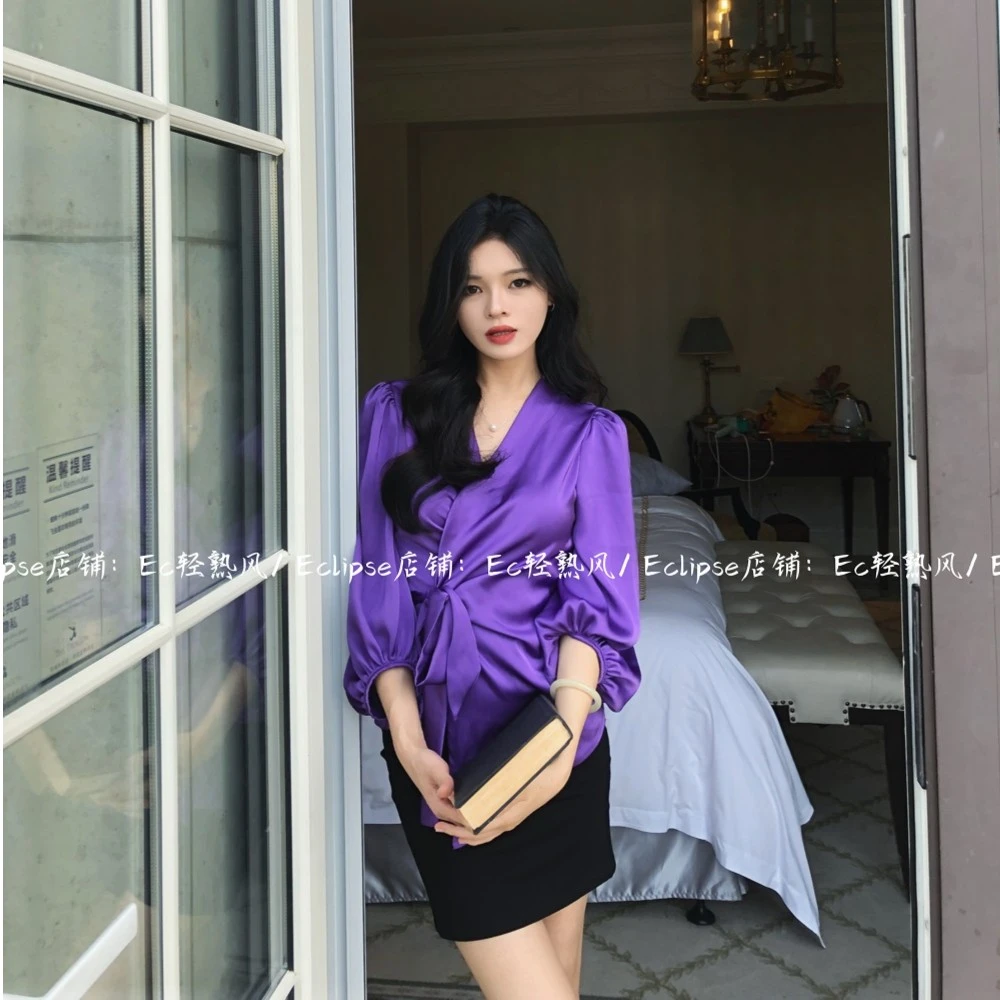 【直播专属价】绸缎紫高级绑带V领长袖衬衫女收腰小众设计法式优雅