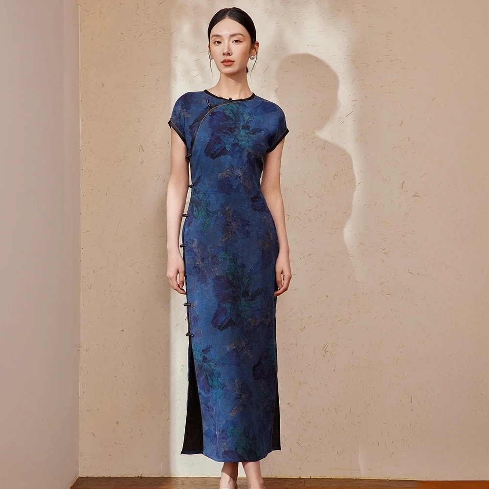 十六梅〖浩宴〗100%桑蚕丝40姆米绢纺香云纱原创真丝古法手工旗袍