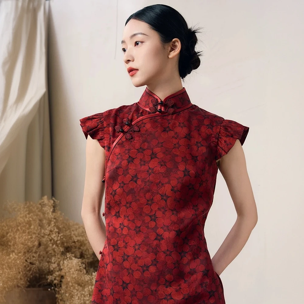 十六梅《红梅赞》100%桑蚕丝30姆米真丝香云纱红色原创手工旗袍