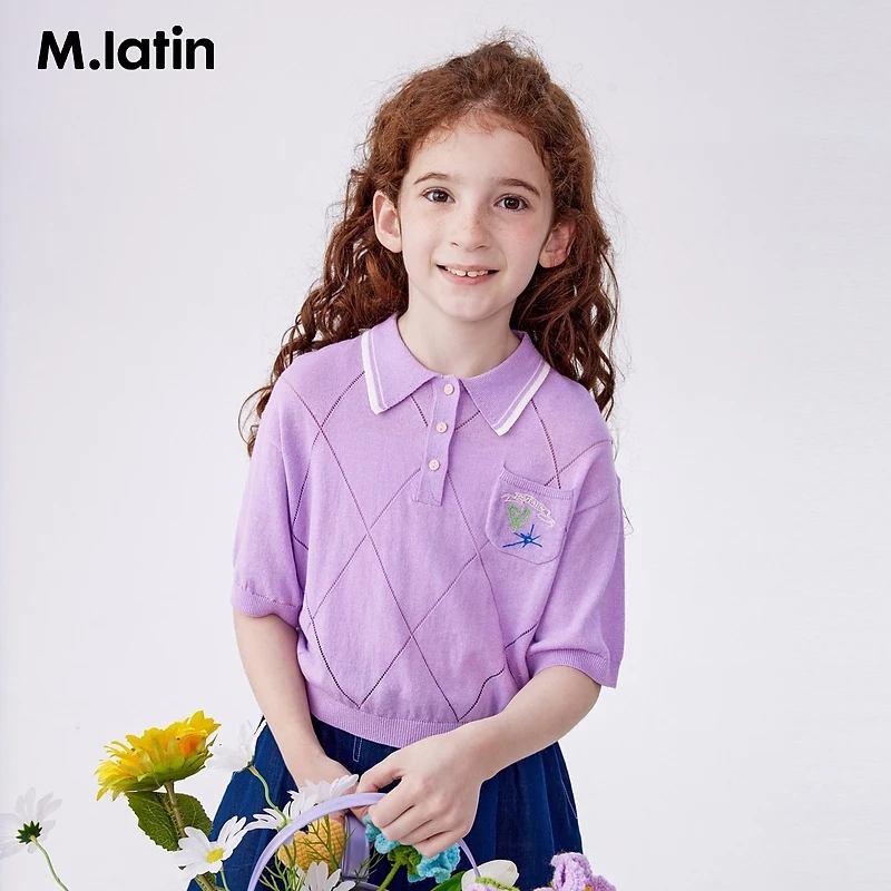 洋气K1马拉丁童装儿童T恤夏新款女童大童刺绣针织含棉清凉短袖