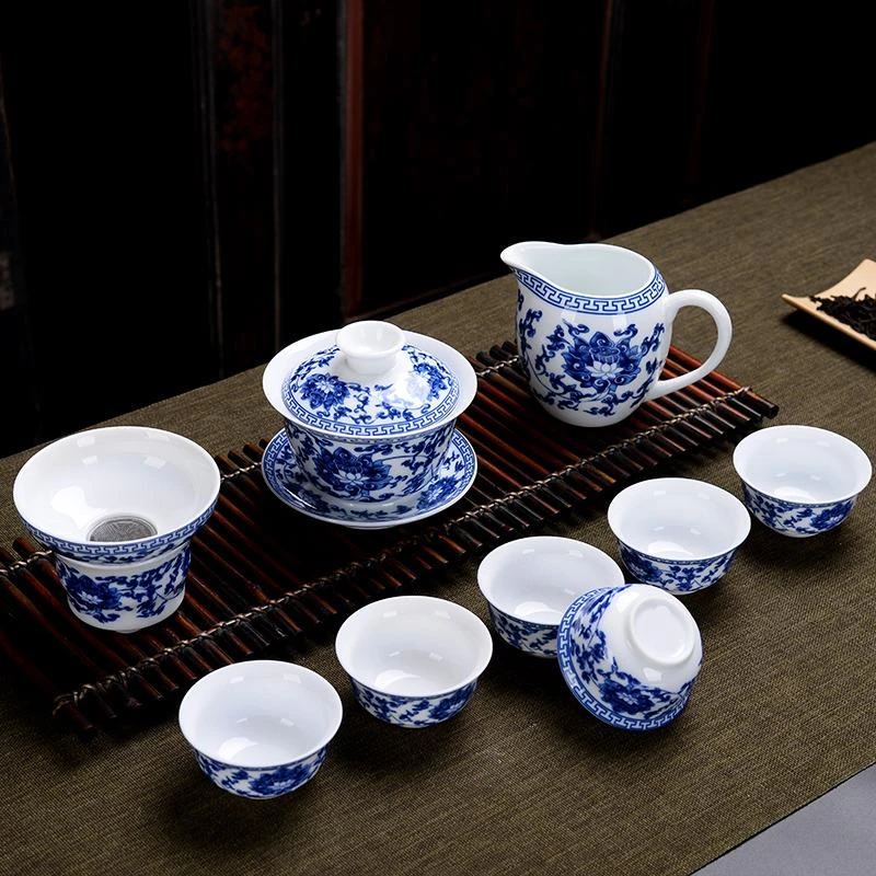 尚心堂青花瓷茶具创意家用整套陶瓷功夫茶具白瓷泡茶器盖碗茶杯办