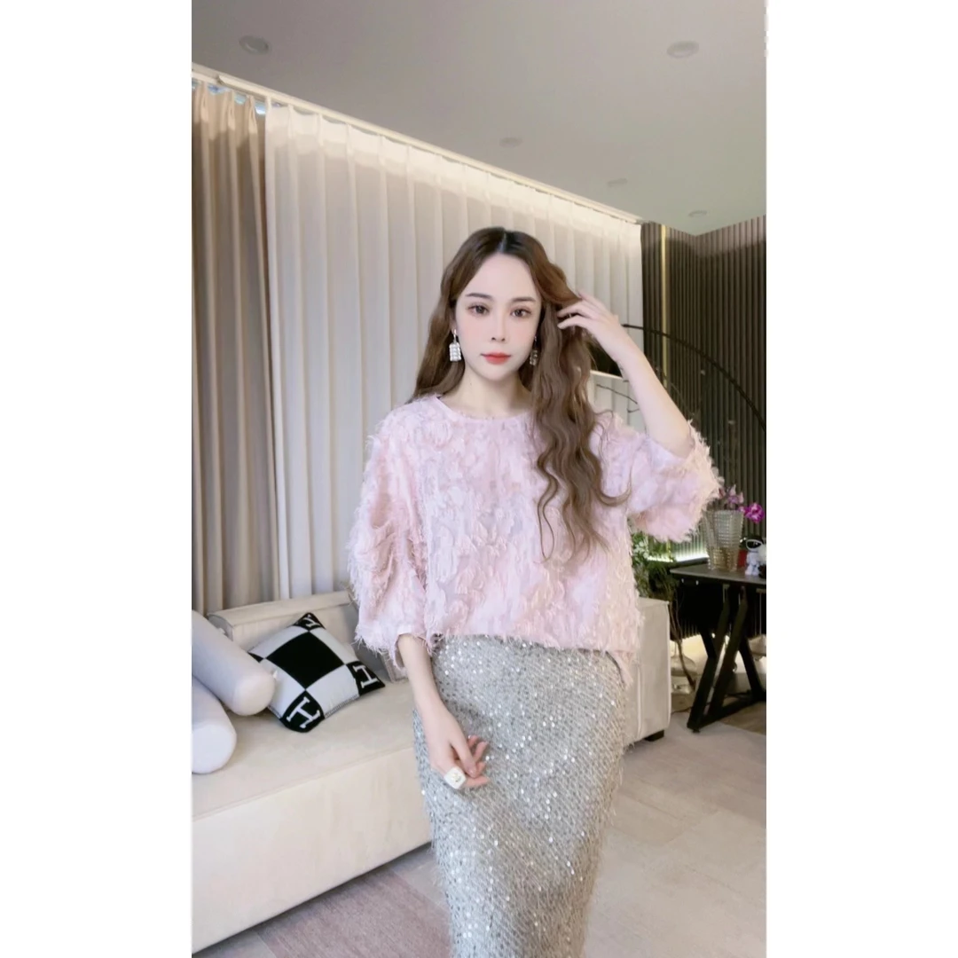 流苏九分袖镂空提花宽松套头上衣气质