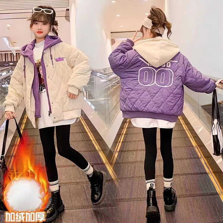 女童秋冬百搭假两件外套中大童女孩字母连帽棒球服加棉加厚棉服潮