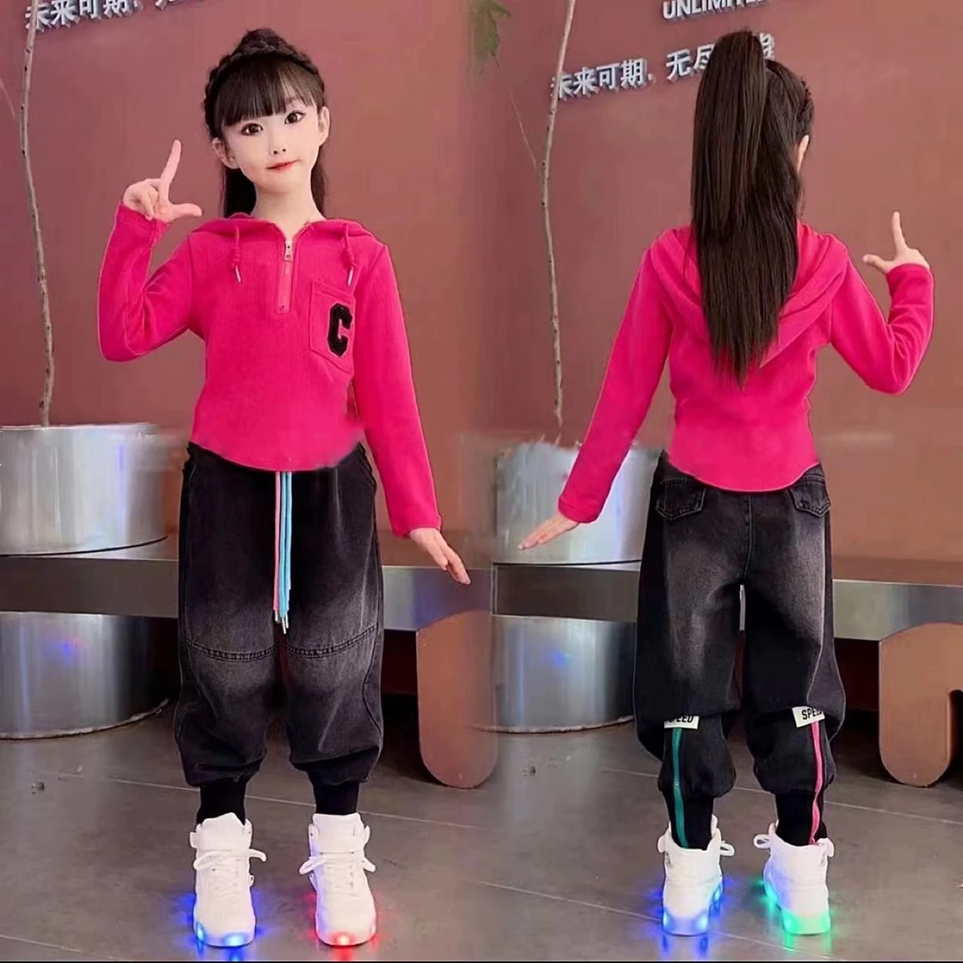 韩版帽衫彩色拉链牛仔裤女童秋季2024新款洋气儿童连帽卫衣设计潮