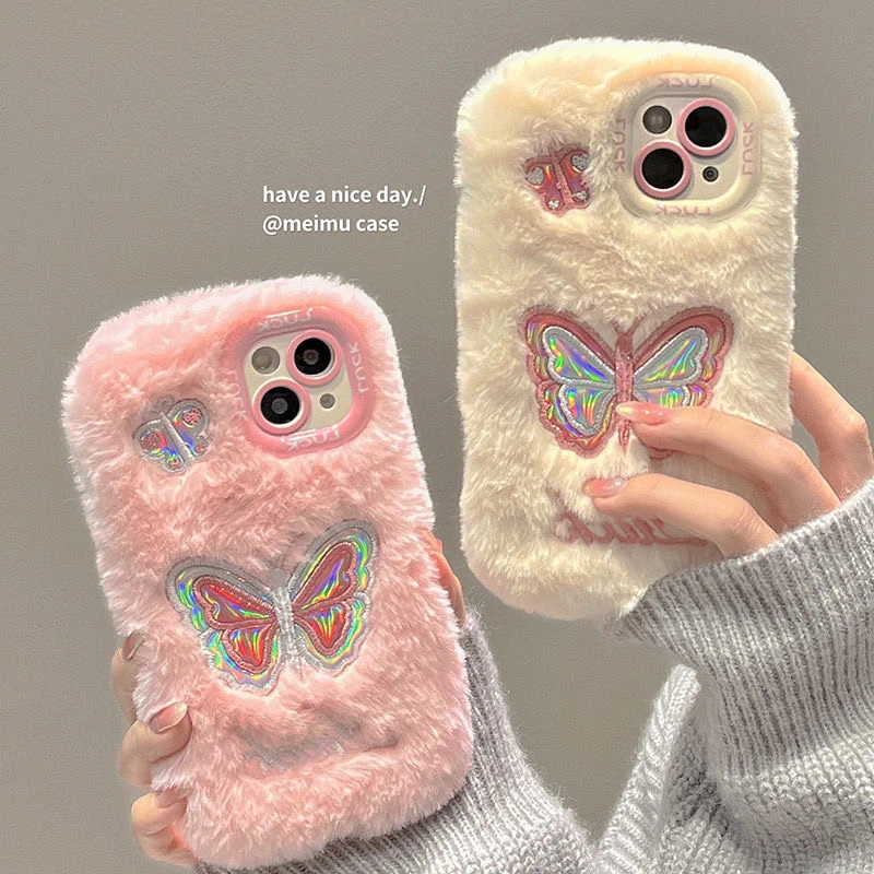 【苹果华为oppovivo荣耀小米红米】毛绒镭射蝴蝶手机壳适用于苹果