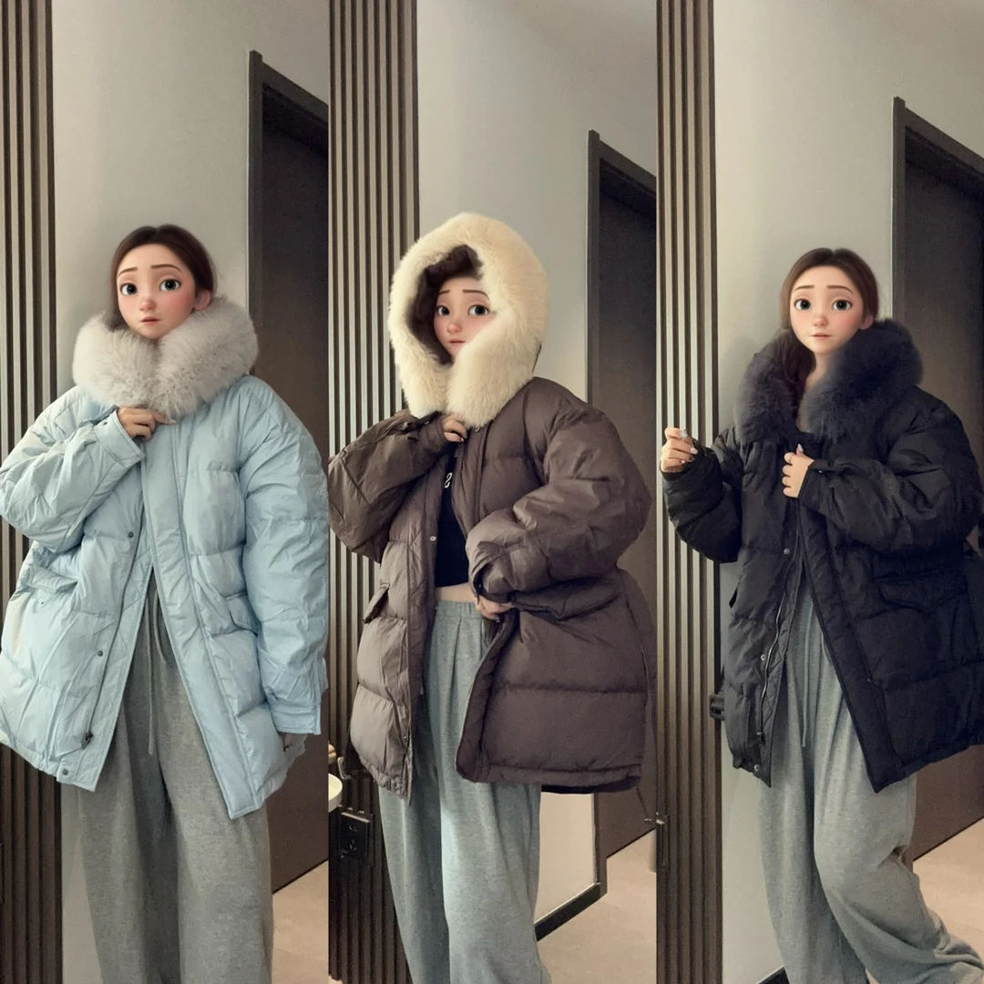 Datou sister 韩国东大门高奢真狐狸毛领收腰连帽羽绒服