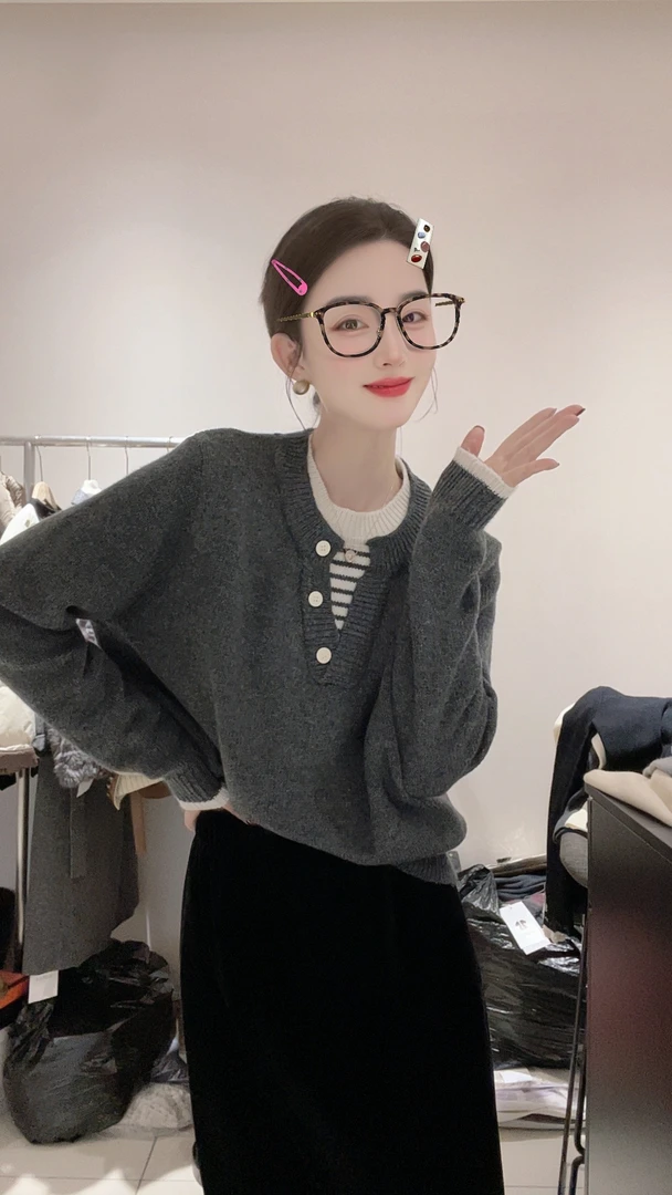 韩系简约高智淡人风假两件羊毛长袖针织衫毛衣