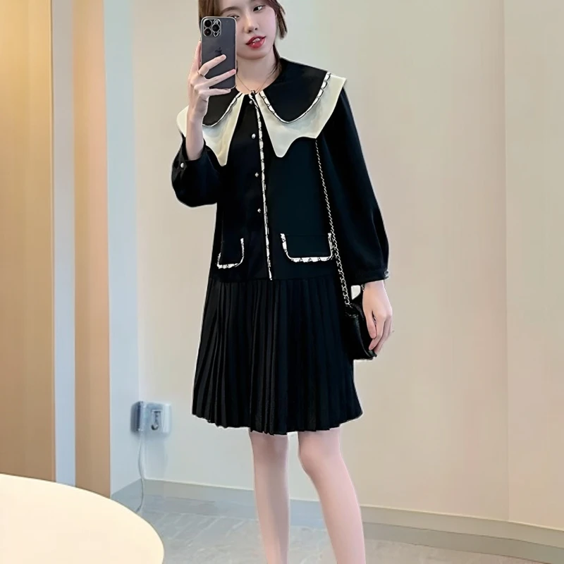 小个子长袖黑色连衣裙女2024秋季新款拼接娃娃领宽松A字百褶裙子