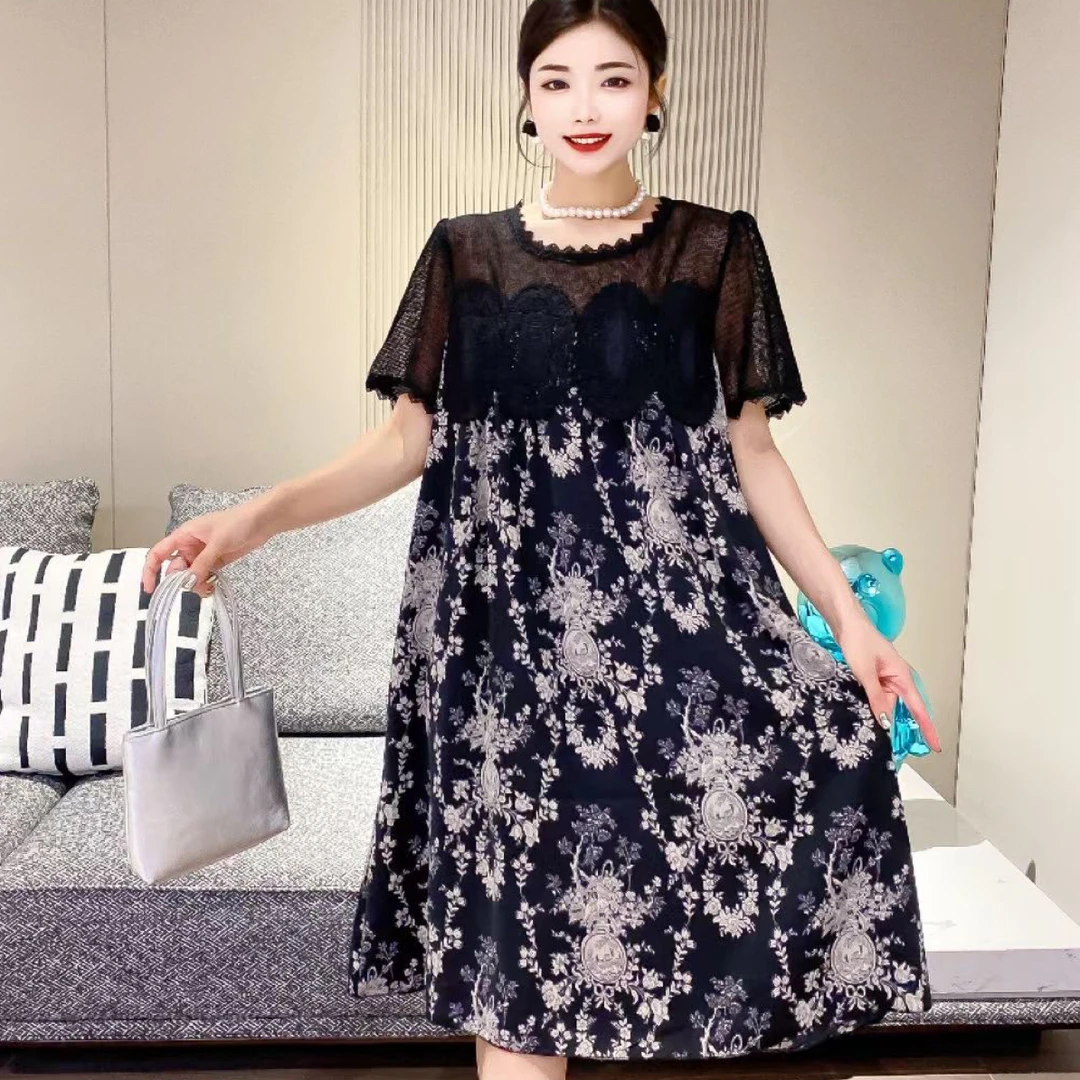 宽松连衣裙女装连衣裙蕾丝大码显瘦时尚夏季裙子碎花印花遮肚气质