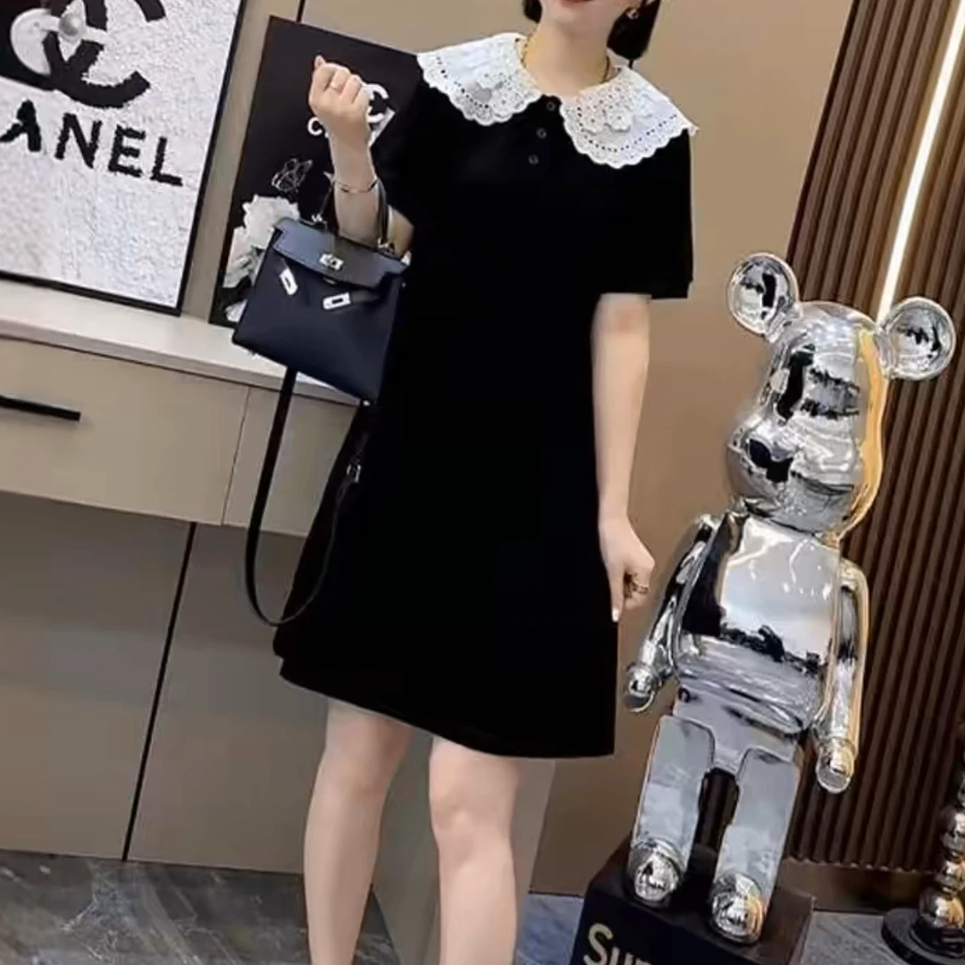 显瘦气质时尚夏季娃娃领小香风拼接收腰休闲翻领减龄宽松连衣裙
