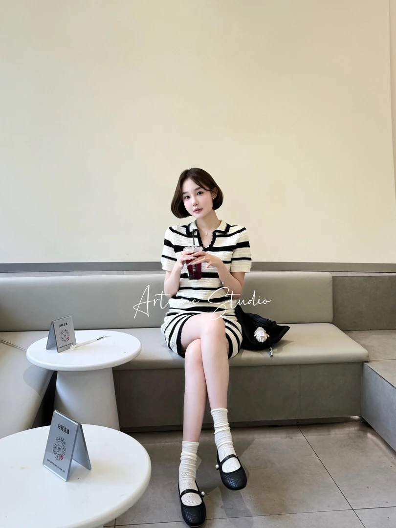 Artme瓜瓜呀【维希条纹】百搭女士修身撞色拼色套装