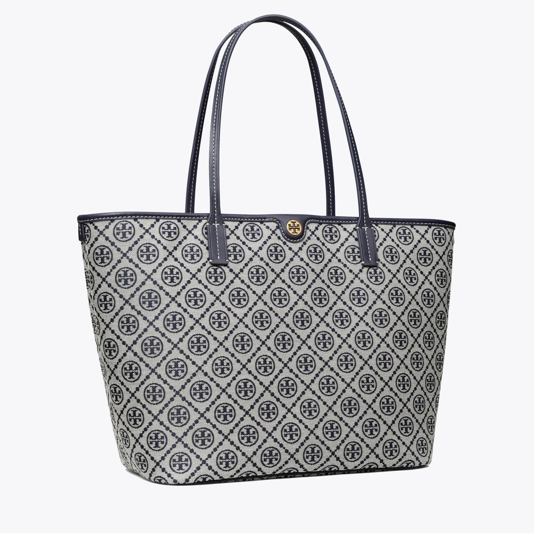 【默认微瑕】ToryBurch/汤丽柏琦专柜双T海军蓝提花托特包152301